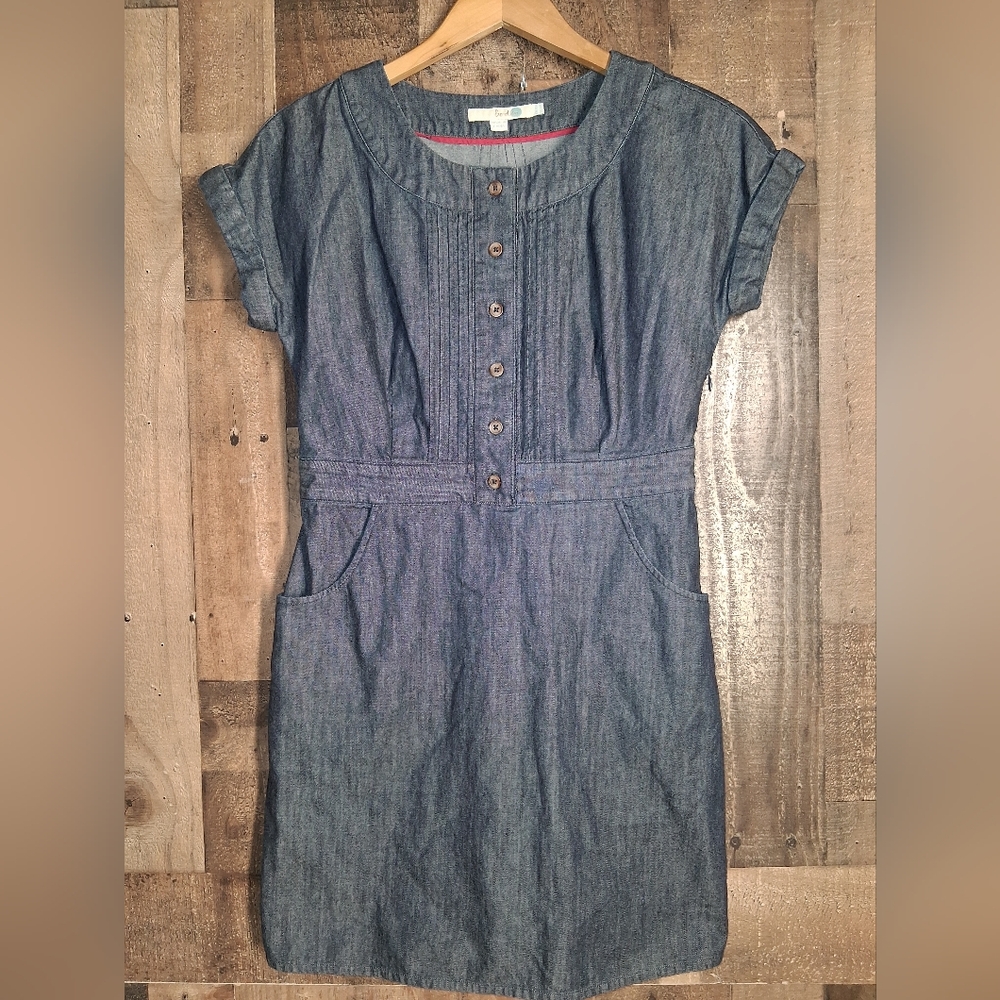 Boden Denim Sheath Dress Pocket Pintuck Size 6P Petite Blue
